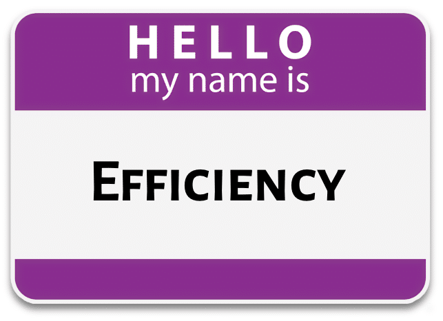 A purple name badge that reads: "HELLO my name is EFFICIENCY."