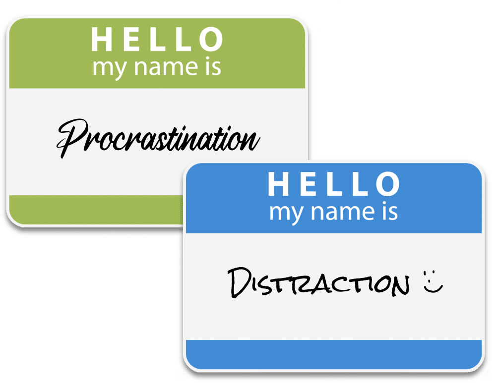Two name badges, one lime green and one blue, that say: "HELLO my name is Procrastination" and "HELLO my name is Distraction :-)" respectively.