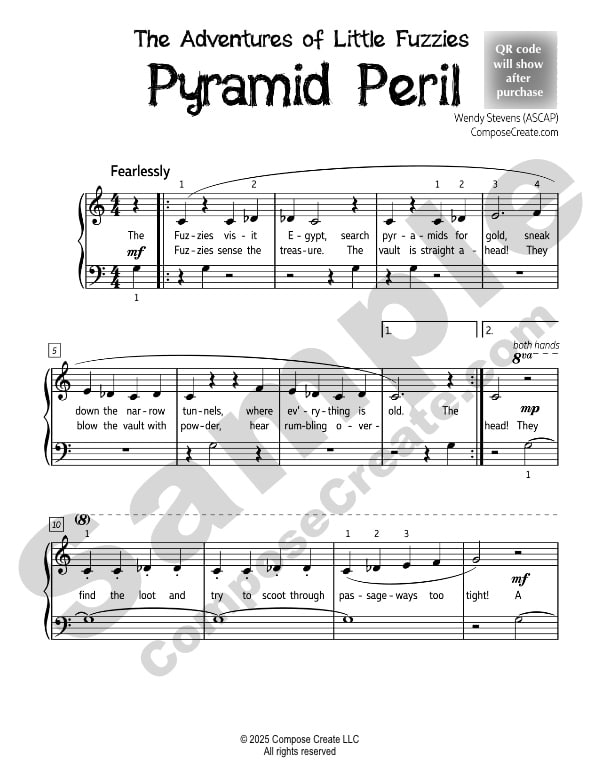 Sample page 1 of Pyramid Peril by Wendy Stevens | Part of the Adventures of Little Fuzzies series, exclusively available on ComposeCreate.com.