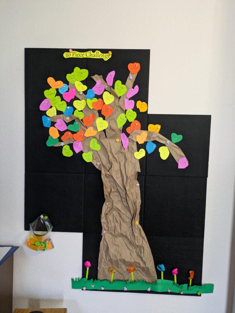 Lisa's studio decoration and incentive tree at the middle of the 30 Piece Challenge.