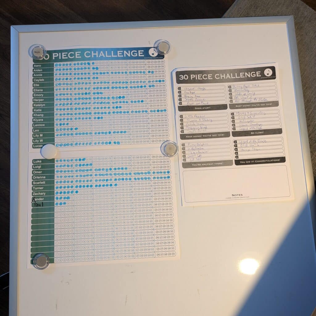 Lisa's whiteboard with Teacher Charts for the 30 Piece Challenge, showing student progress.