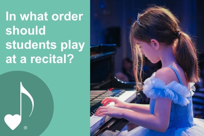 What Order Should Students Play at a Recital - a handy guide to the most common and most creative ways to determine program order | ComposeCreate.com | The image is of a little girl at a piano in a fancy dress and tiara playing her piano recital piece for an audience.