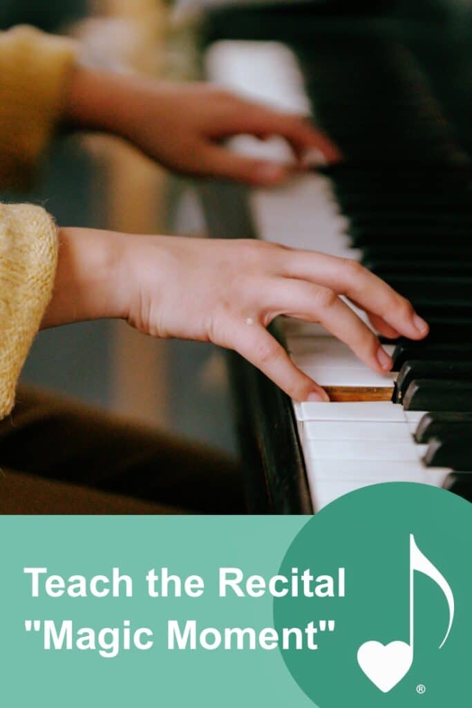 Teaching Students About the Magic Moment in Their Recital Piece | a blog post about recital poise from ComposeCreate.com | Image is of a pair of hands playing notes on a piano with elegance.