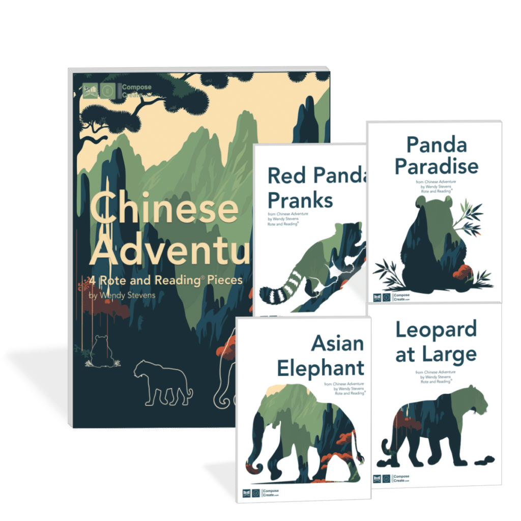 The Chinese Adventure Bundle includes 4 piano solos by Wendy Stevens: Red Panda Pranks, Asian Elephant, Panda Paradise, and Leopard at Large
