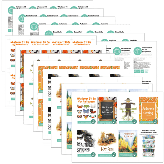 Music Achievement Cards - Autumn and Halloween music from ComposeCreate.com Late Elementary series