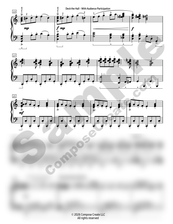Deck the Hall with Audience Participation piano solo at the intermediate level | Arranged by Wendy Stevens | ComposeCreate.com