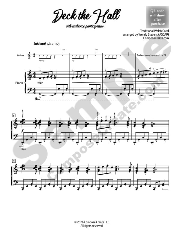 Deck the Hall with Audience Participation piano solo at the intermediate level | Arranged by Wendy Stevens | ComposeCreate.com