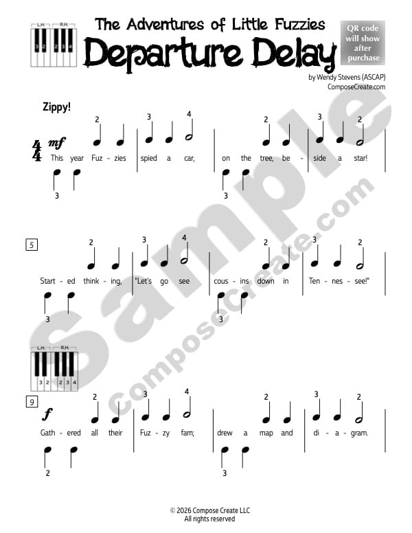 Departure Delay by Wendy Stevens - holiday Little Fuzzies piano music kids love® | ComposeCreate.com