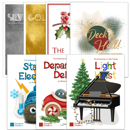 Holiday Music Bundle 2026 - includes Departure Delay, Light Heist, Static Electric, Silver, Gold, The Winter Holly, and Deck the Hall with audience participation - composed and arranged by Wendy Stevens | ComposeCreate.com