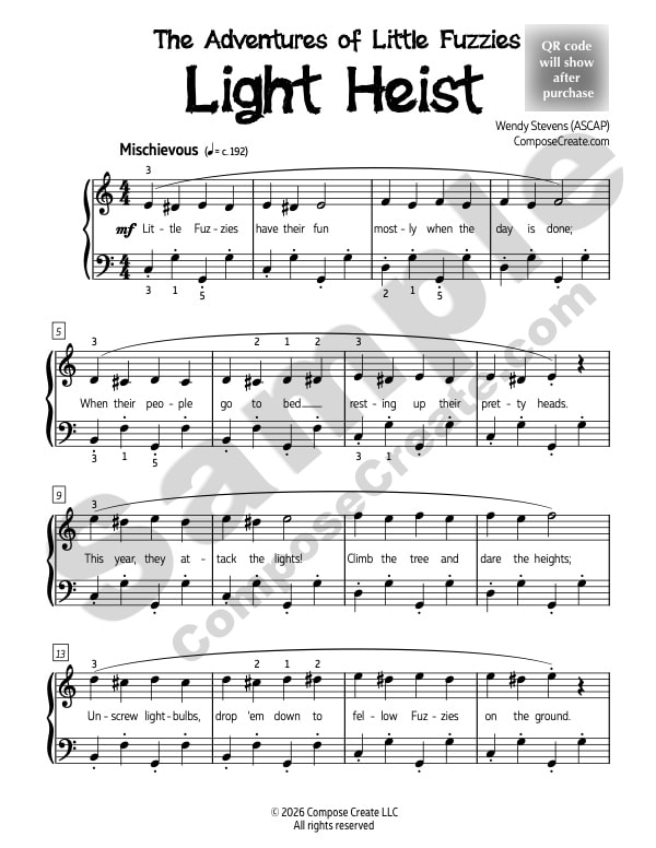 Light Heist by Wendy Stevens - holiday Little Fuzzies piano music kids love® | ComposeCreate.com