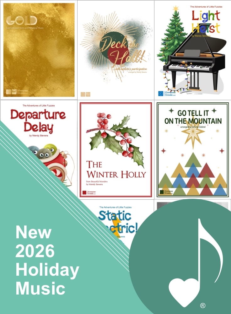 New 2026 Holiday Music: a rectangular image showing thumbnails of 8 new holiday music pieces of piano sheet music, from ComposeCreate.com.
